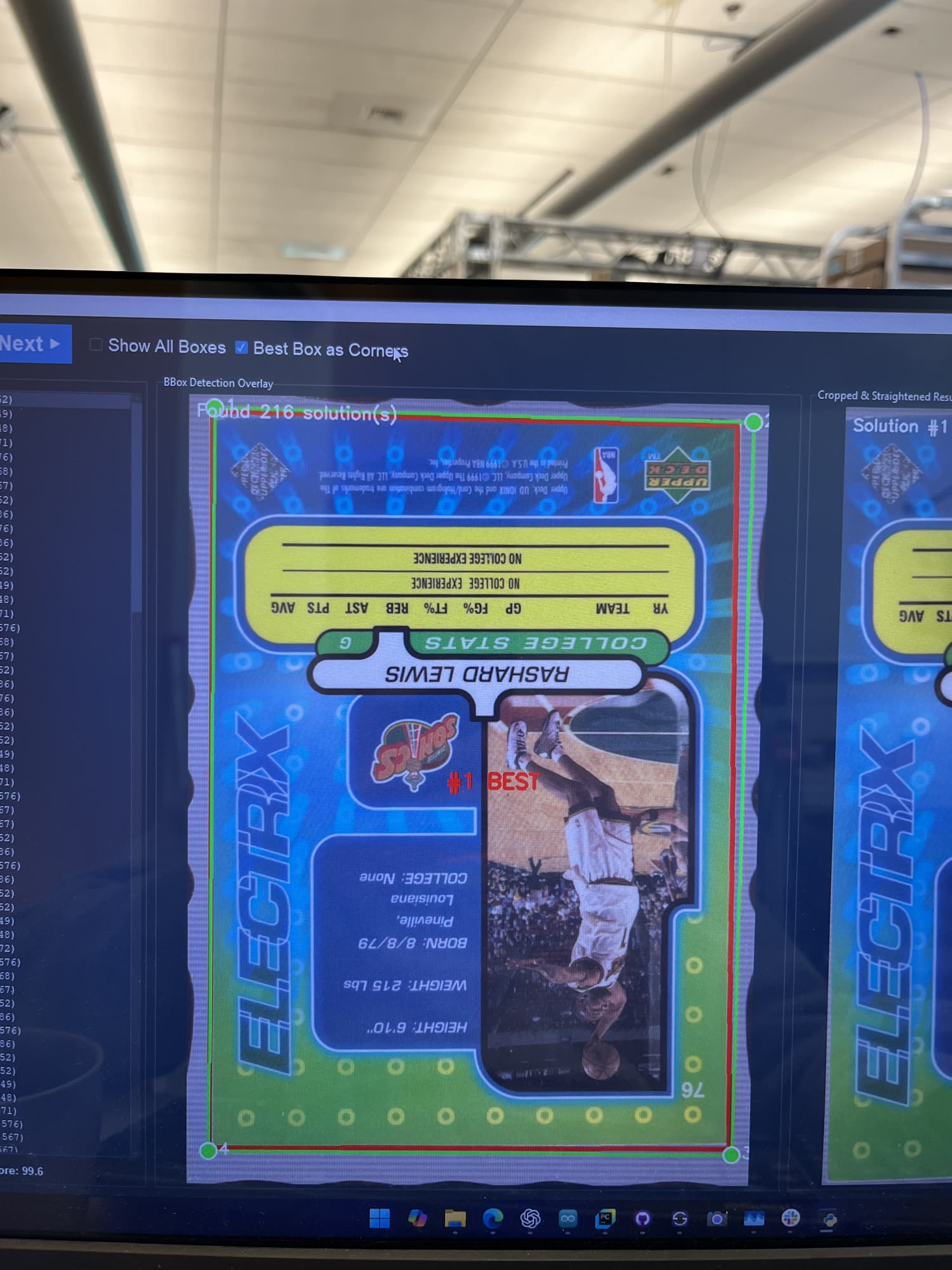 Screen showing detected line overlays on a card