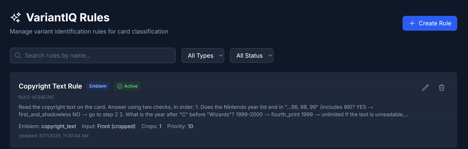 VariantIQ rules interface showing a copyright text rule
